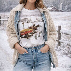 Vintage 80s Farmhouse Horse & Wagon Graphic Tee | Winter Prairie Americana | Med